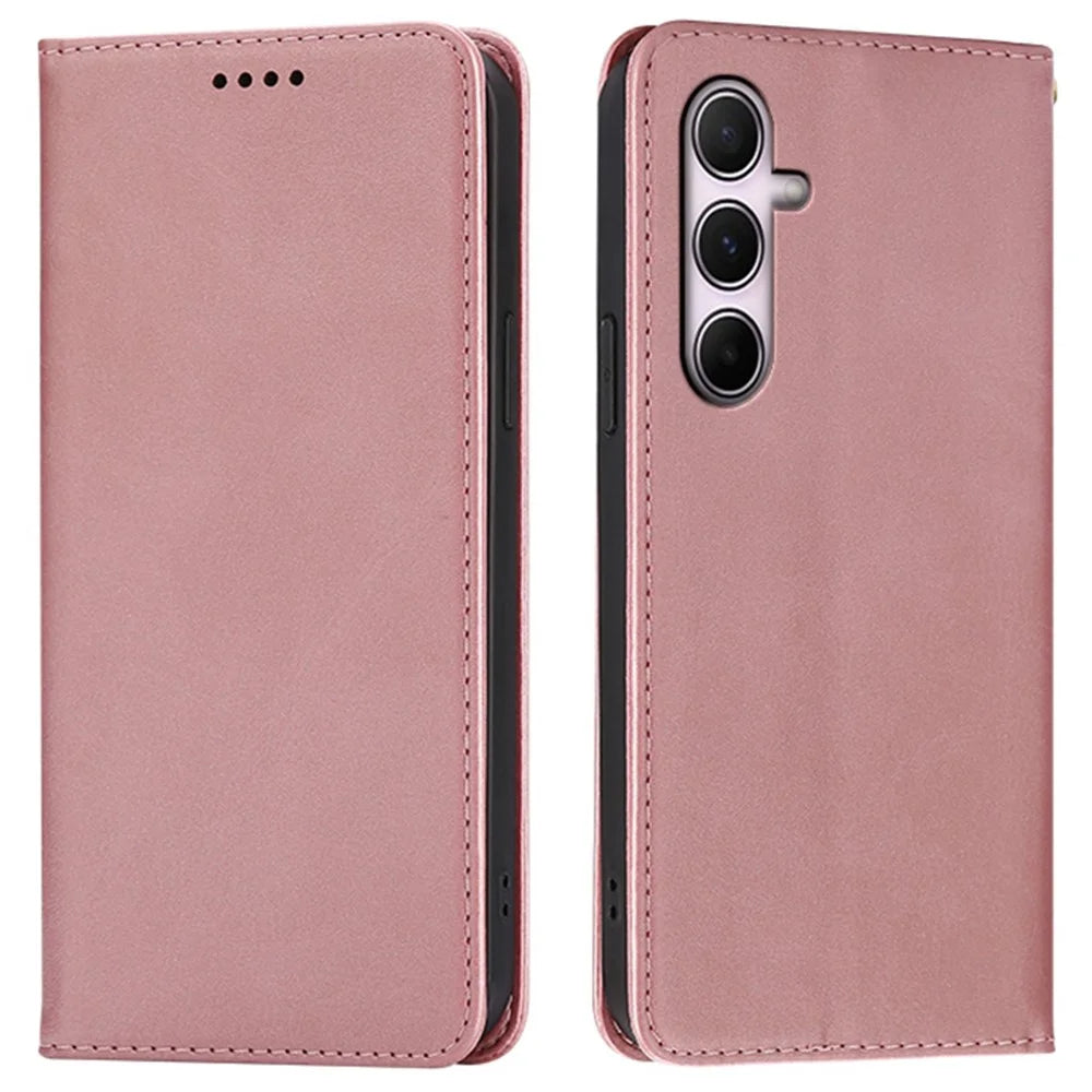 For Samsung Galaxy A25 5G (Global) (161.0mm) Case Wallet Calf Texture Leather Phone Cover with Hidden Magnetic Closure - Rose Gold - 1