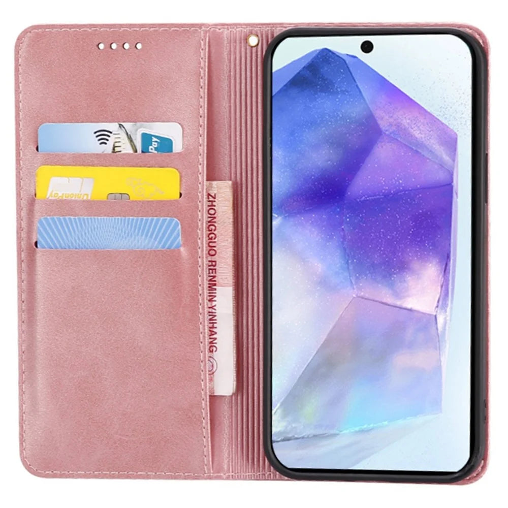 For Samsung Galaxy A25 5G (Global) (161.0mm) Case Wallet Calf Texture Leather Phone Cover with Hidden Magnetic Closure - Rose Gold - 2
