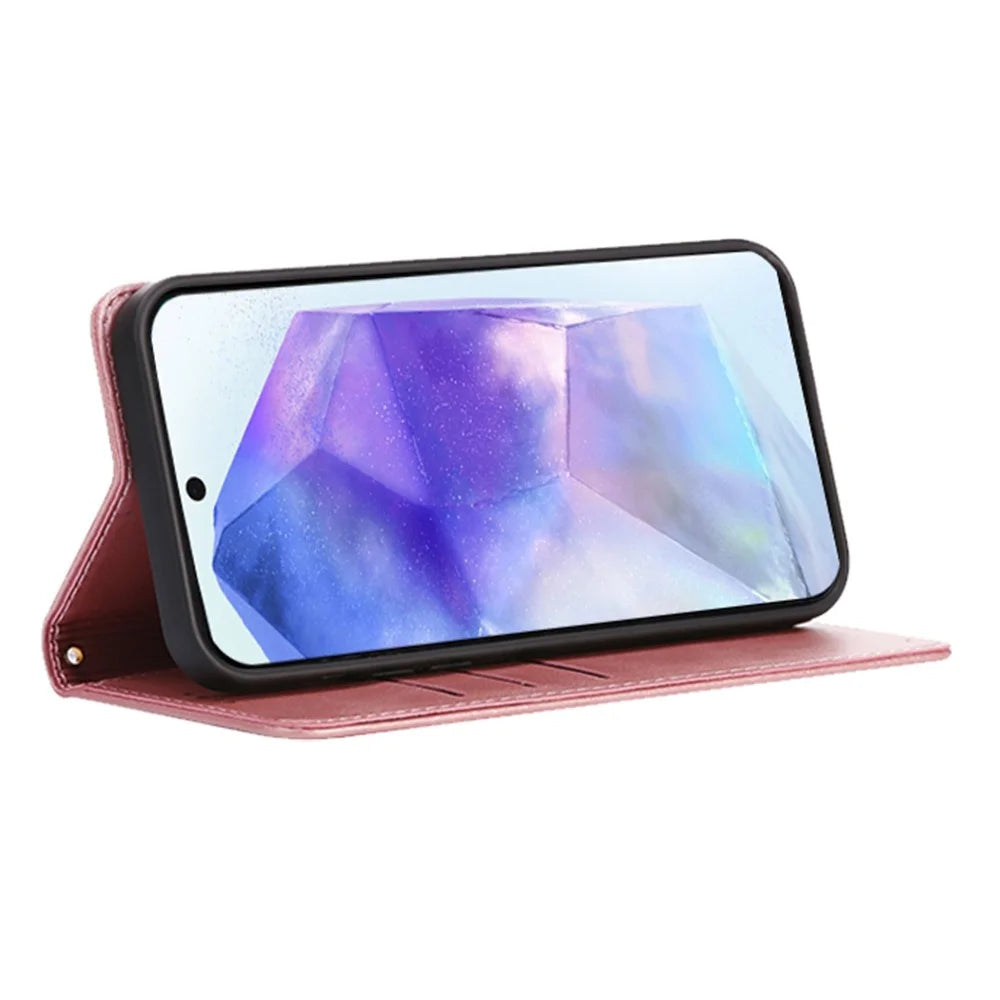 For Samsung Galaxy A25 5G (Global) (161.0mm) Case Wallet Calf Texture Leather Phone Cover with Hidden Magnetic Closure - Rose Gold - 3