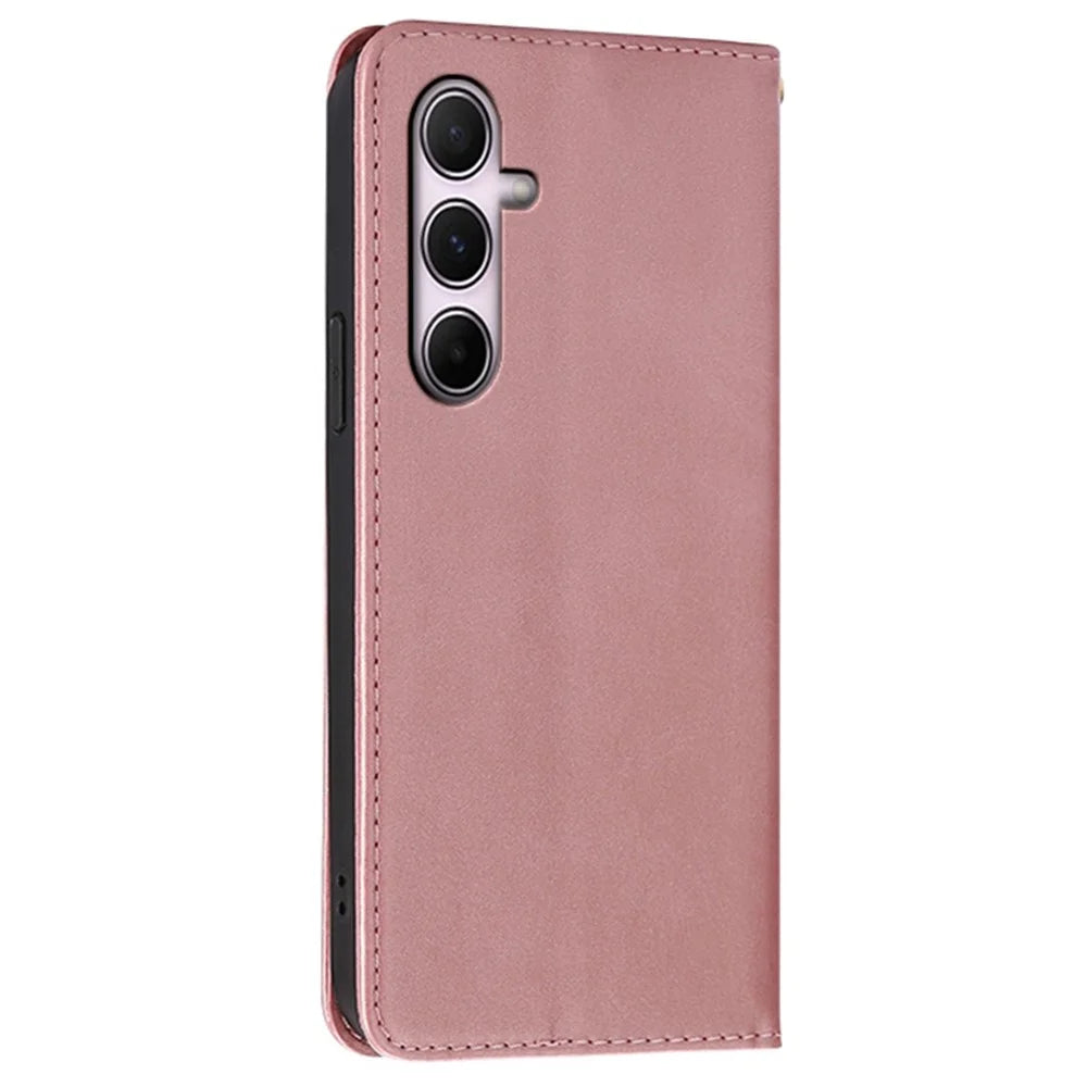 For Samsung Galaxy A25 5G (Global) (161.0mm) Case Wallet Calf Texture Leather Phone Cover with Hidden Magnetic Closure - Rose Gold - 6