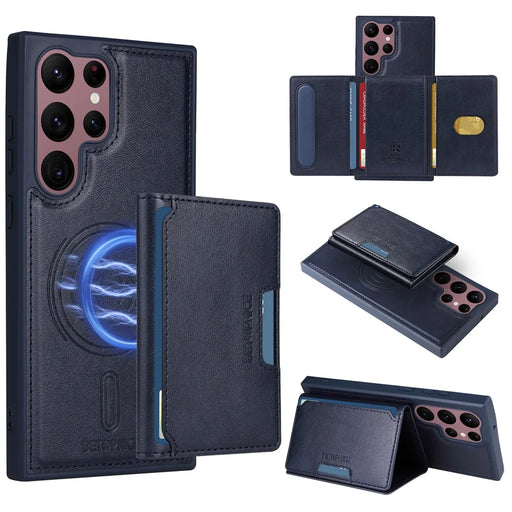 BETOPNICE For Samsung Galaxy S22 Ultra 5G Magnetic Case  Leather Phone Cover Kickstand with Detachable Card Bag - Blue - 1