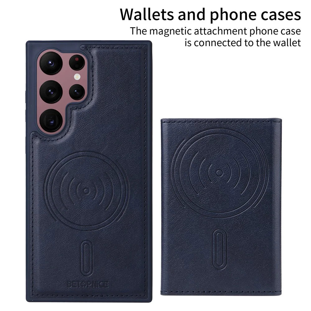 BETOPNICE For Samsung Galaxy S22 Ultra 5G Magnetic Case  Leather Phone Cover Kickstand with Detachable Card Bag - Blue - 2