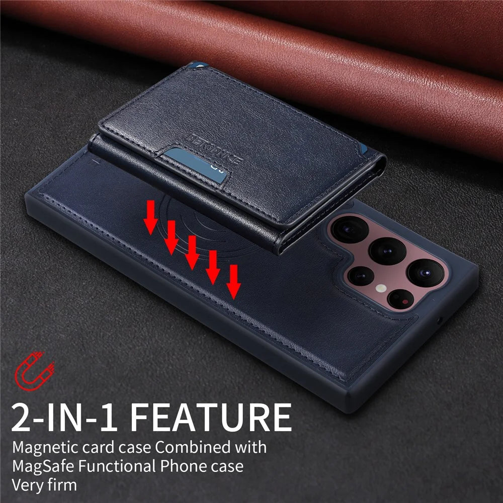 BETOPNICE For Samsung Galaxy S22 Ultra 5G Magnetic Case  Leather Phone Cover Kickstand with Detachable Card Bag - Blue - 5