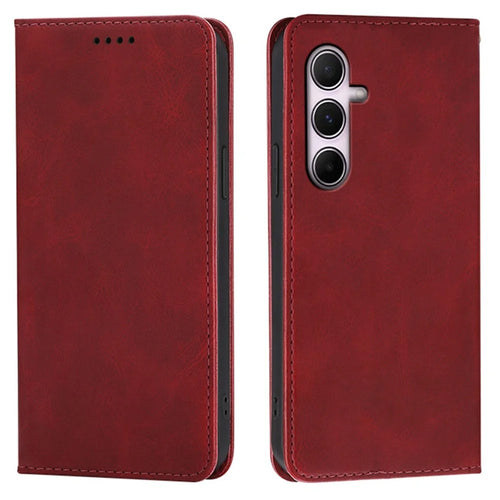 For Samsung Galaxy A15 4G / 5G Case Wallet Calf Texture Leather Phone Cover with Hidden Magnetic Closure - Red - 1