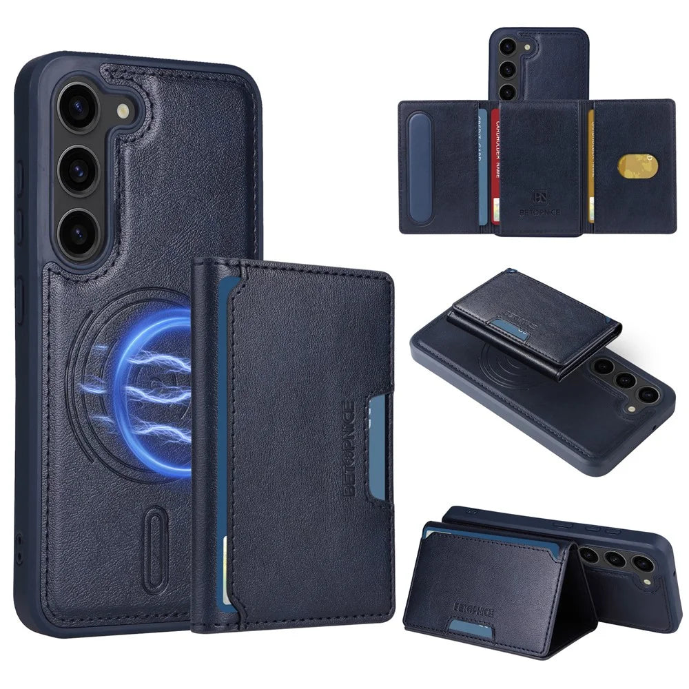 BETOPNICE For Samsung Galaxy S23 Magnetic Case  Leather Phone Cover Kickstand with Detachable Card Bag - Blue - 1