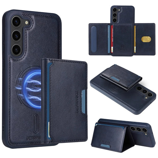 BETOPNICE For Samsung Galaxy S23+ Magnetic Case  Leather Phone Cover Kickstand with Detachable Card Bag - Blue - 1