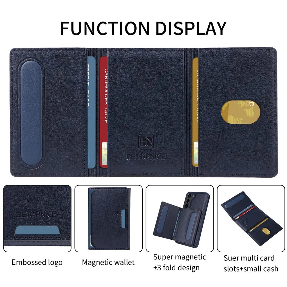 BETOPNICE For Samsung Galaxy S23+ Magnetic Case  Leather Phone Cover Kickstand with Detachable Card Bag - Blue - 6