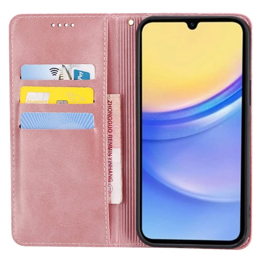 For Samsung Galaxy A05s 4G Case Wallet Calf Texture Leather Phone Cover with Hidden Magnetic Closure - Rose Gold - 2