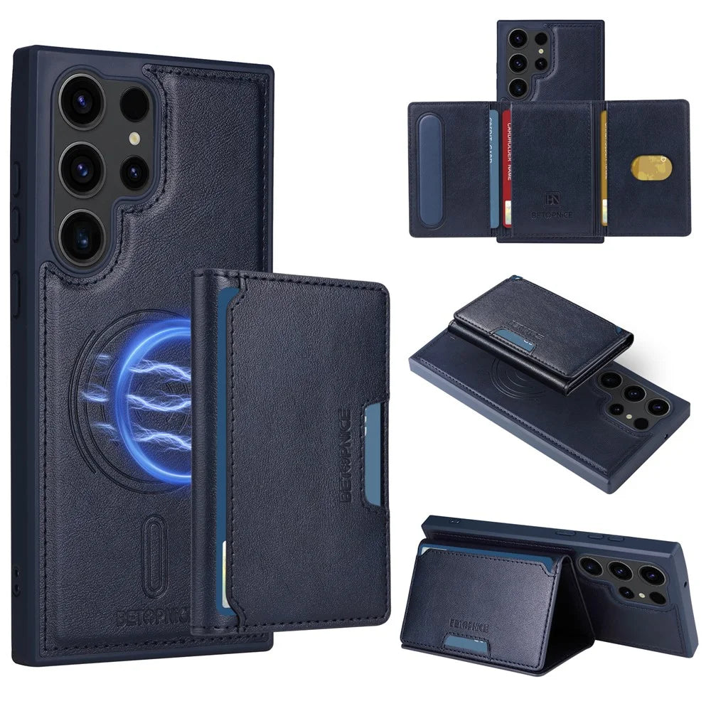 BETOPNICE For Samsung Galaxy S23 Ultra Magnetic Case  Leather Phone Cover Kickstand with Detachable Card Bag - Blue - 1