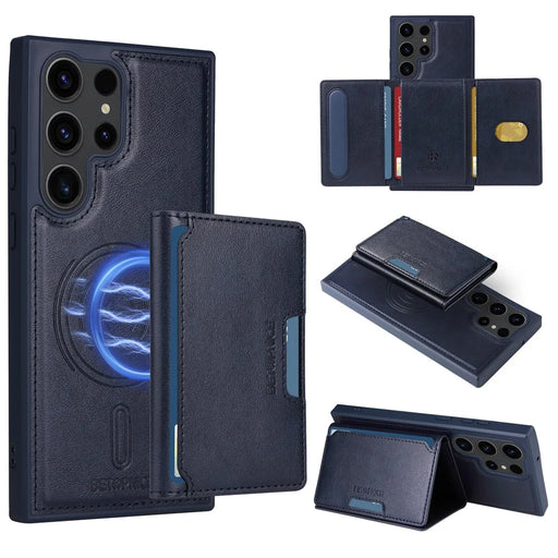 BETOPNICE For Samsung Galaxy S23 Ultra Magnetic Case  Leather Phone Cover Kickstand with Detachable Card Bag - Blue - 1