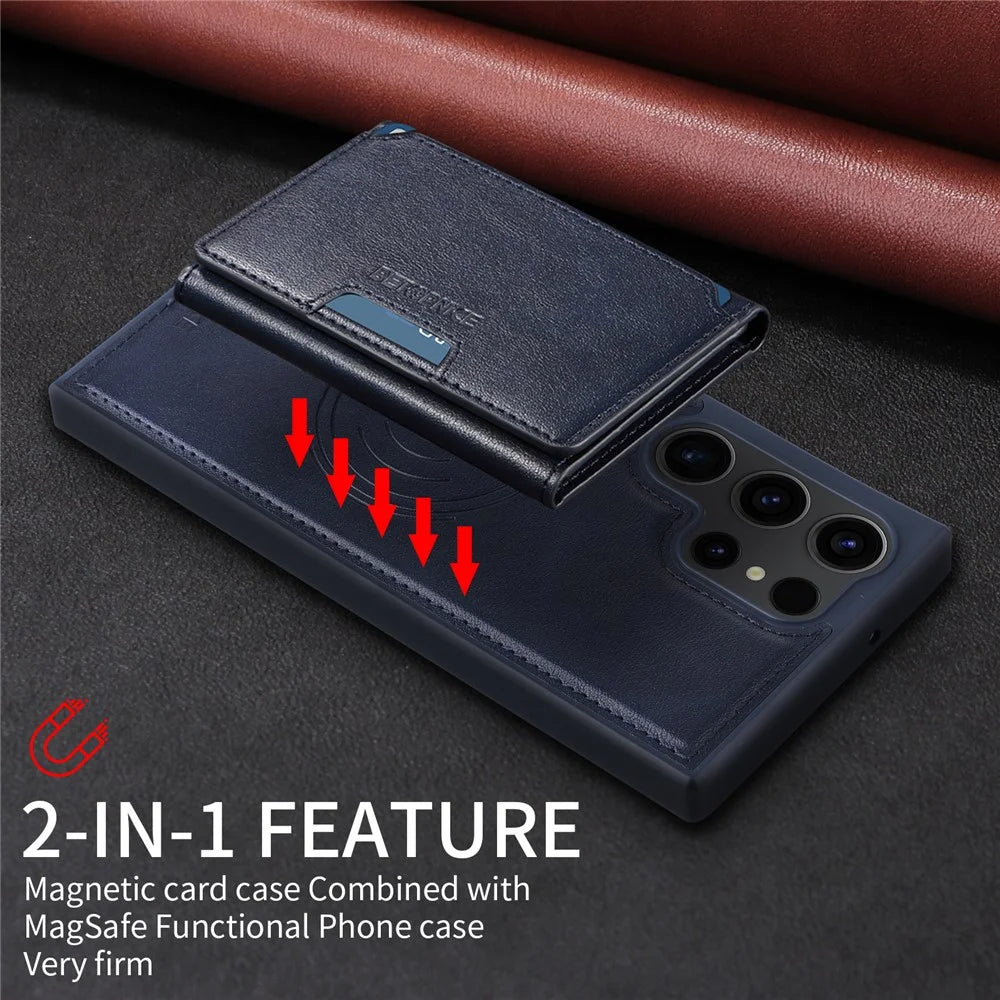 BETOPNICE For Samsung Galaxy S23 Ultra Magnetic Case  Leather Phone Cover Kickstand with Detachable Card Bag - Blue - 5