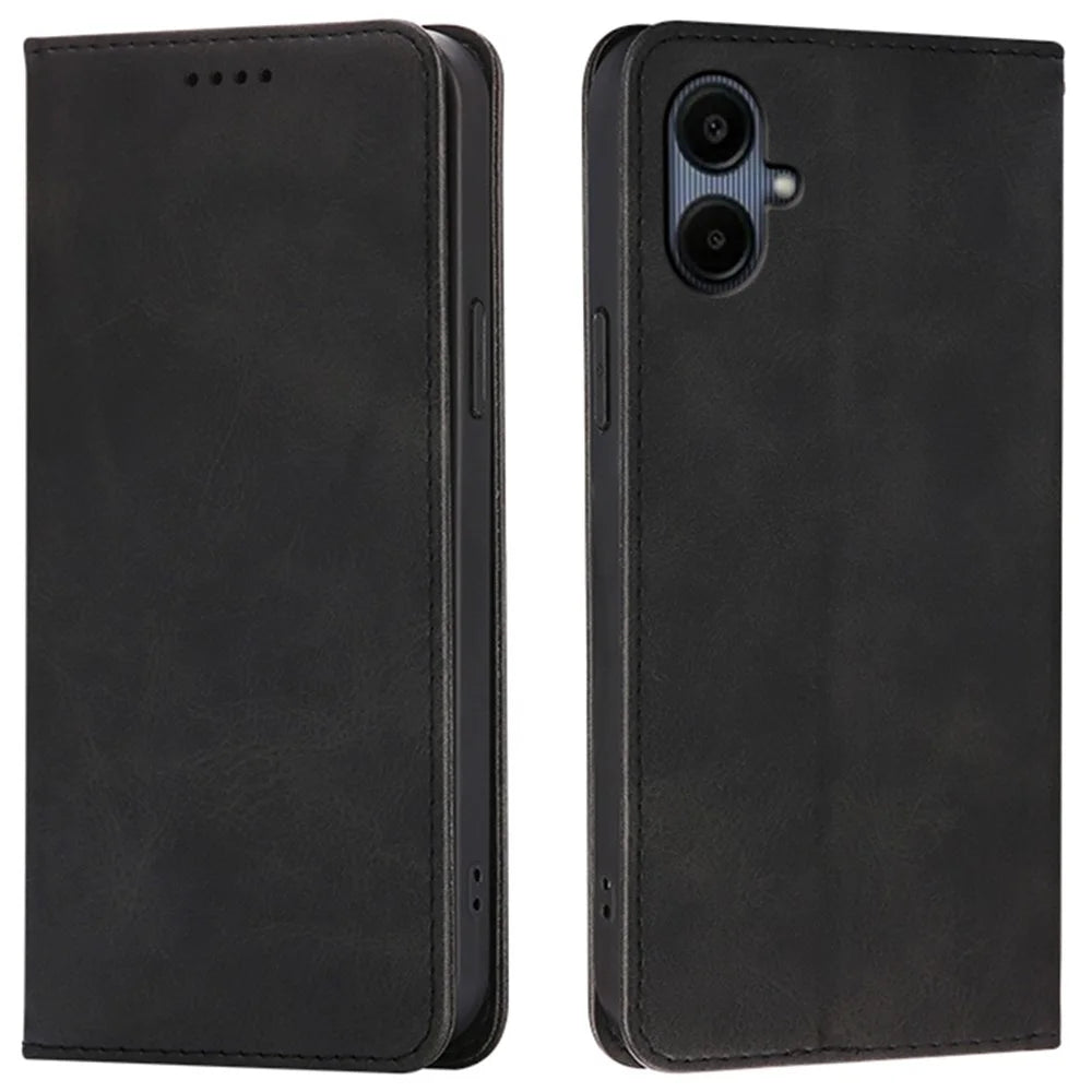 For Samsung Galaxy A06 4G / 5G Case Wallet Calf Texture Leather Phone Cover with Hidden Magnetic Closure - Black - 1