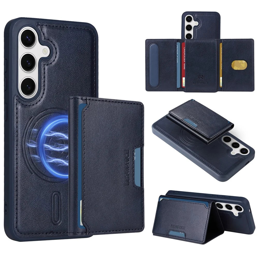 BETOPNICE For Samsung Galaxy S24 Magnetic Case  Leather Phone Cover Kickstand with Detachable Card Bag - Blue - 1
