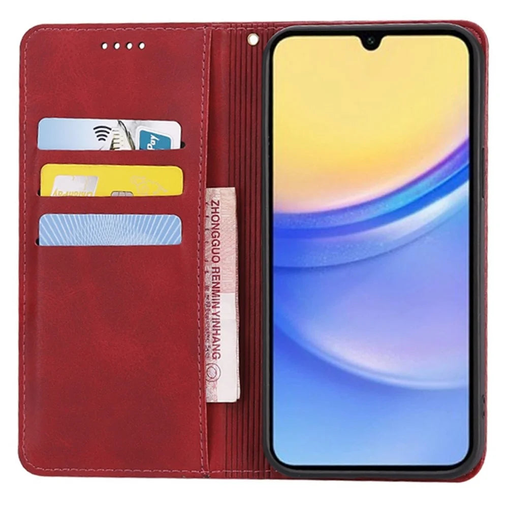 For Samsung Galaxy A16 4G / 5G Case Wallet Calf Texture Leather Phone Cover with Hidden Magnetic Closure - Red - 2