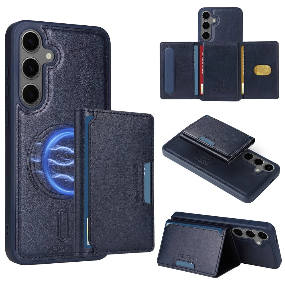 BETOPNICE For Samsung Galaxy S24+ Magnetic Case  Leather Phone Cover Kickstand with Detachable Card Bag - Blue - 1