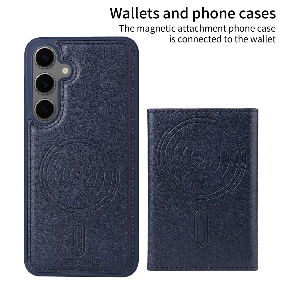 BETOPNICE For Samsung Galaxy S24+ Magnetic Case  Leather Phone Cover Kickstand with Detachable Card Bag - Blue - 2