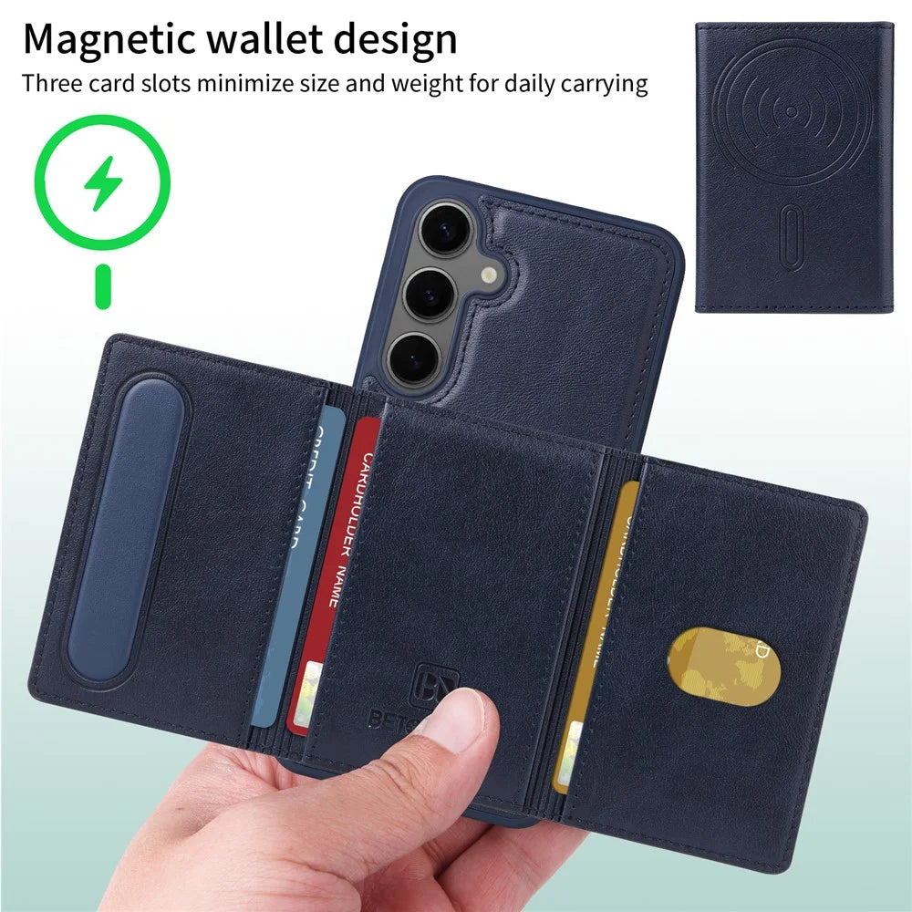 BETOPNICE For Samsung Galaxy S24+ Magnetic Case  Leather Phone Cover Kickstand with Detachable Card Bag - Blue - 3