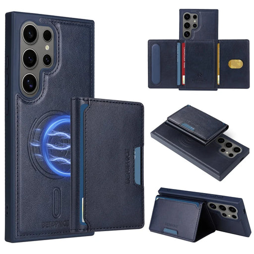 BETOPNICE For Samsung Galaxy S24 Ultra Magnetic Case  Leather Phone Cover Kickstand with Detachable Card Bag - Blue - 1