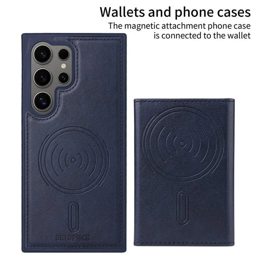 BETOPNICE For Samsung Galaxy S24 Ultra Magnetic Case  Leather Phone Cover Kickstand with Detachable Card Bag - Blue - 2