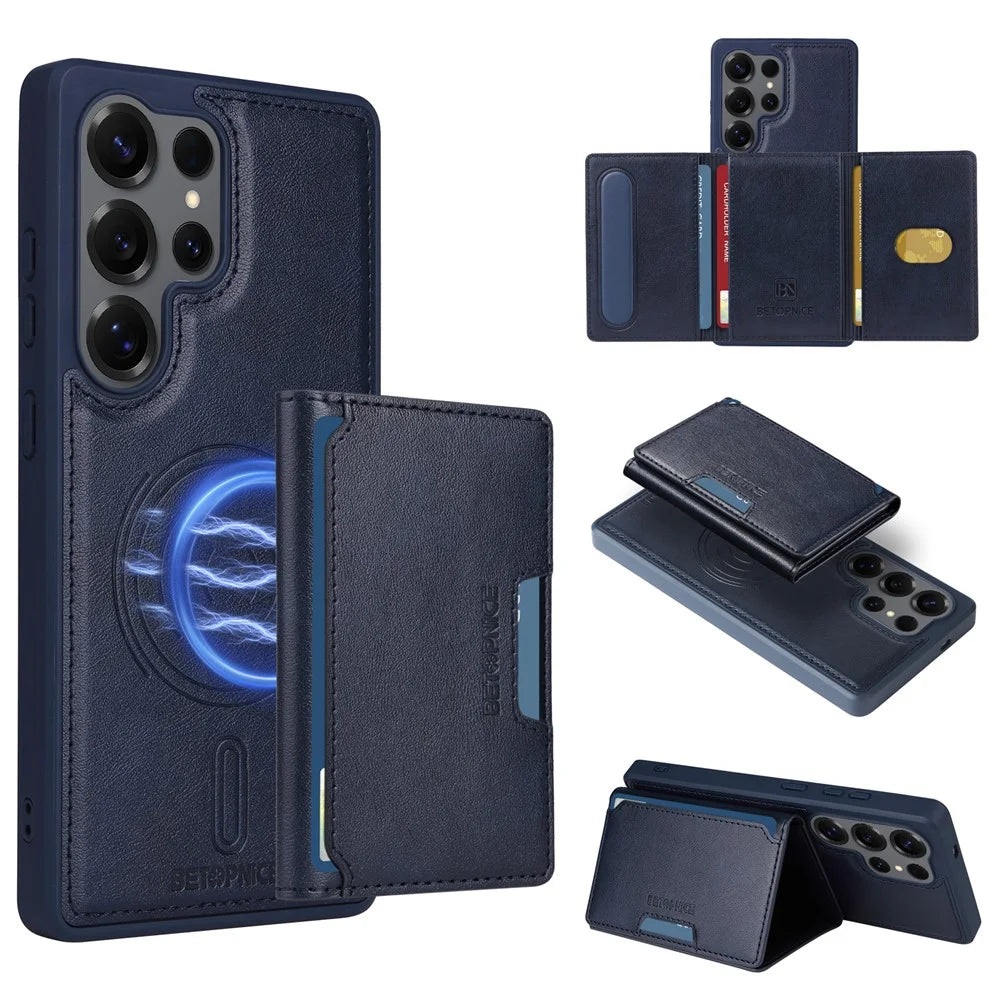 BETOPNICE For Samsung Galaxy S25 Ultra Magnetic Case  Leather Phone Cover Kickstand with Detachable Card Bag - Blue - 1