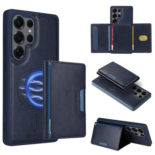 BETOPNICE For Samsung Galaxy S25 Ultra Magnetic Case  Leather Phone Cover Kickstand with Detachable Card Bag - Blue - 1