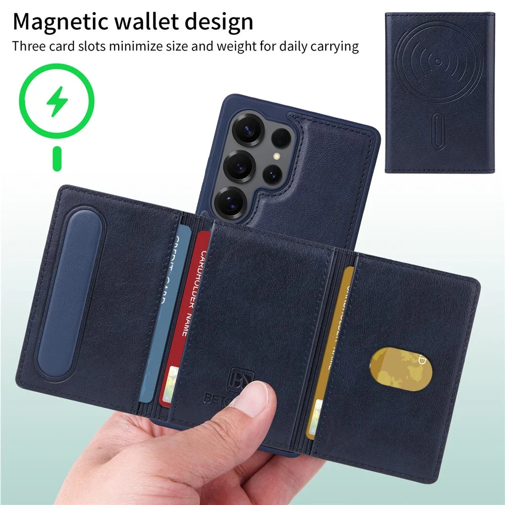 BETOPNICE For Samsung Galaxy S25 Ultra Magnetic Case  Leather Phone Cover Kickstand with Detachable Card Bag - Blue - 3