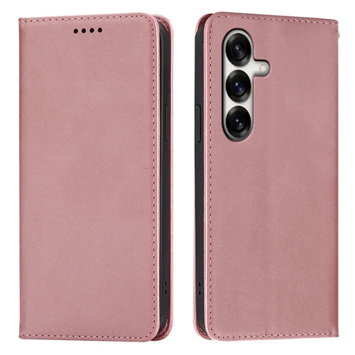 For Samsung Galaxy S25 Case Wallet Calf Texture Leather Phone Cover with Hidden Magnetic Closure - Rose Gold - 1