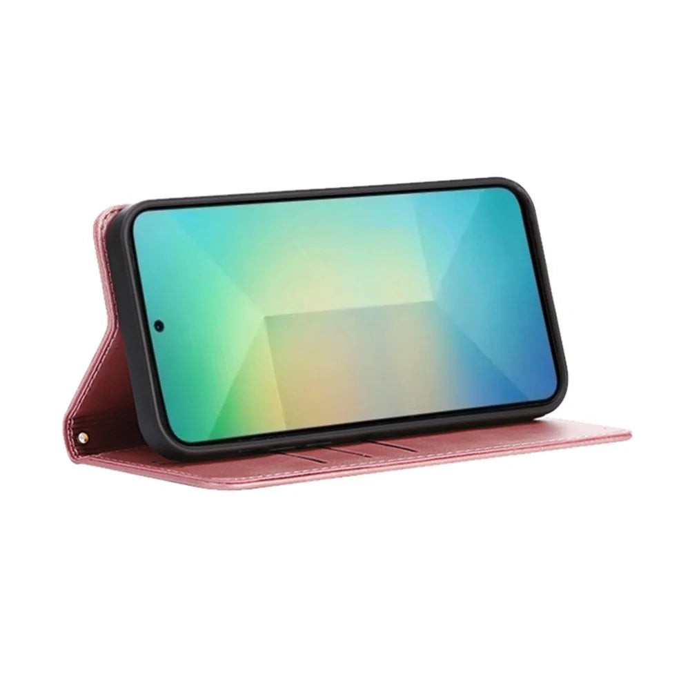 For Samsung Galaxy S25 Case Wallet Calf Texture Leather Phone Cover with Hidden Magnetic Closure - Rose Gold - 3
