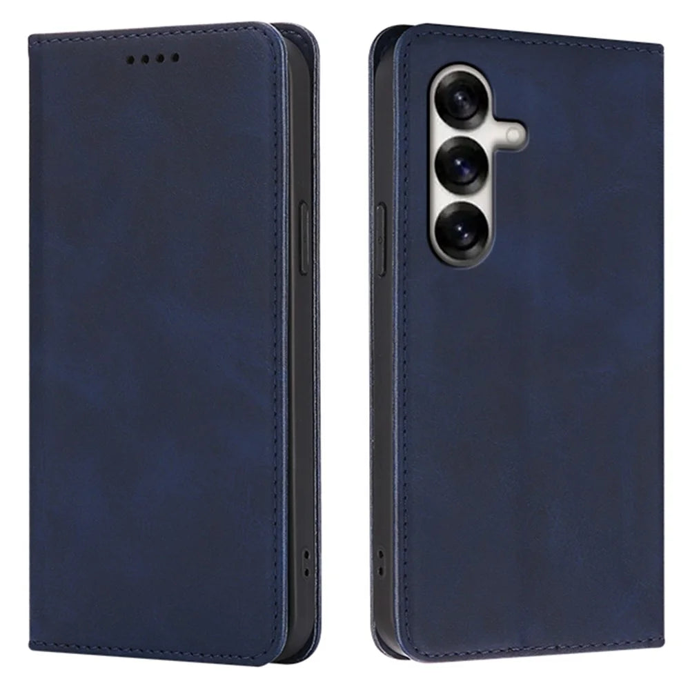 For Samsung Galaxy S25+ Case Wallet Calf Texture Leather Phone Cover with Hidden Magnetic Closure - Blue - 1