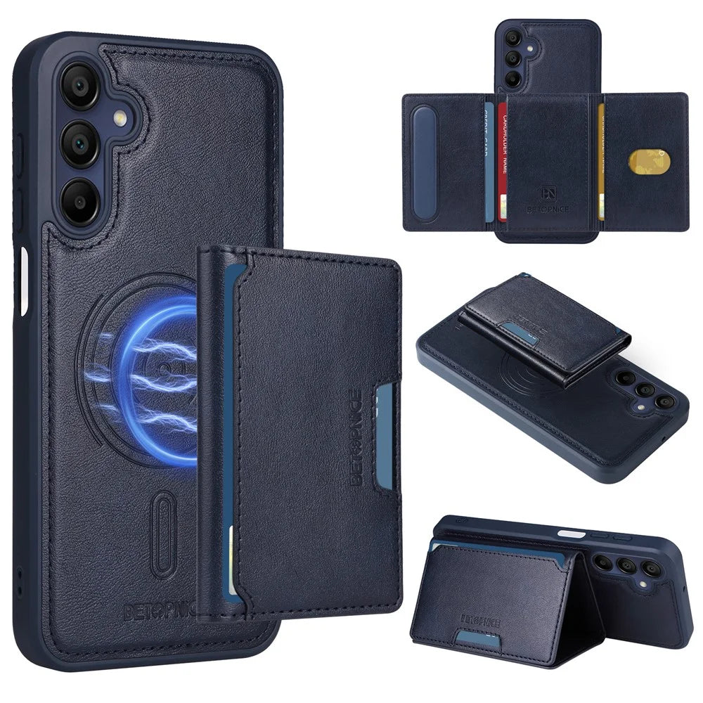 BETOPNICE For Samsung Galaxy A15 5G Magnetic Case  Leather Phone Cover Kickstand with Detachable Card Bag - Blue - 1