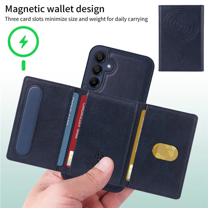 BETOPNICE For Samsung Galaxy A15 5G Magnetic Case  Leather Phone Cover Kickstand with Detachable Card Bag - Blue - 3