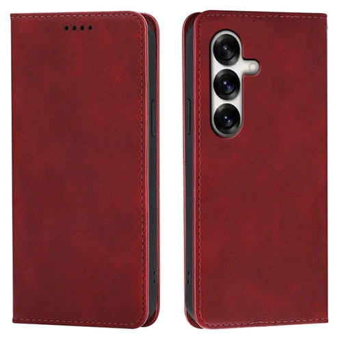 For Samsung Galaxy S24 Case Wallet Calf Texture Leather Phone Cover with Hidden Magnetic Closure - Red - 1