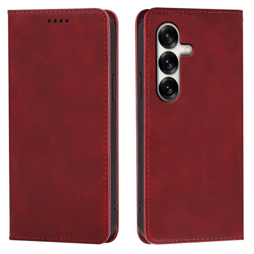 For Samsung Galaxy S24 Case Wallet Calf Texture Leather Phone Cover with Hidden Magnetic Closure - Red - 1