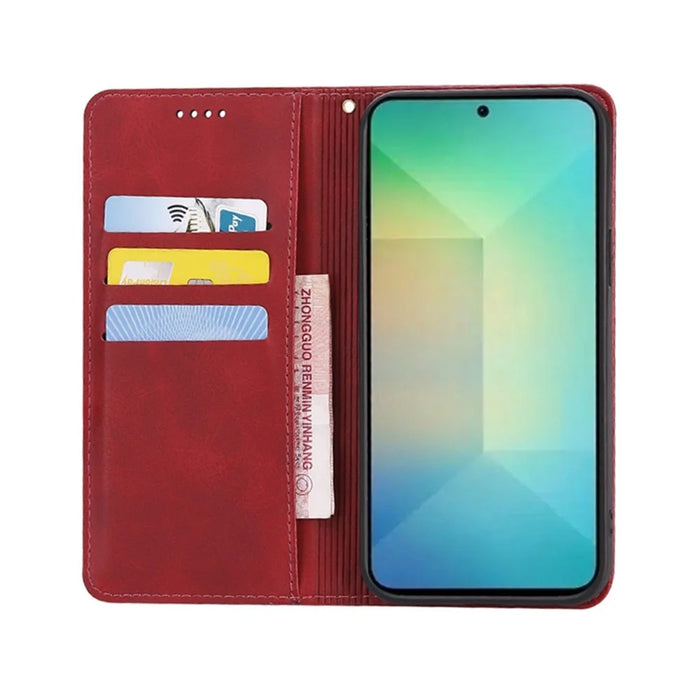 For Samsung Galaxy S24 Case Wallet Calf Texture Leather Phone Cover with Hidden Magnetic Closure - Red - 2