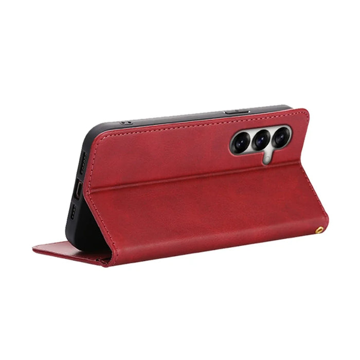For Samsung Galaxy S24 Case Wallet Calf Texture Leather Phone Cover with Hidden Magnetic Closure - Red - 4