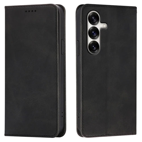 For Samsung Galaxy S24+ Case Wallet Calf Texture Leather Phone Cover with Hidden Magnetic Closure - Black - 1