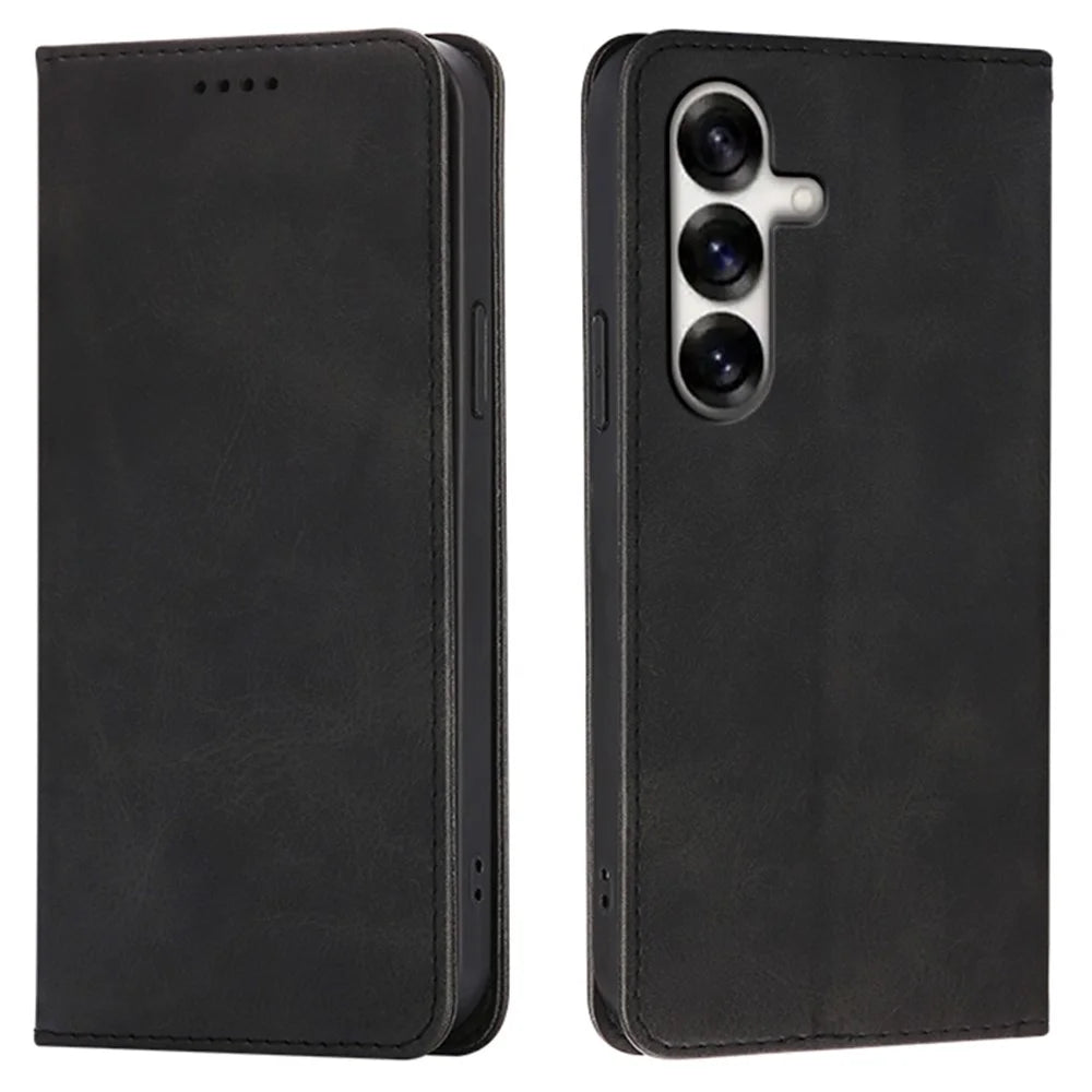 For Samsung Galaxy S24+ Case Wallet Calf Texture Leather Phone Cover with Hidden Magnetic Closure - Black - 1