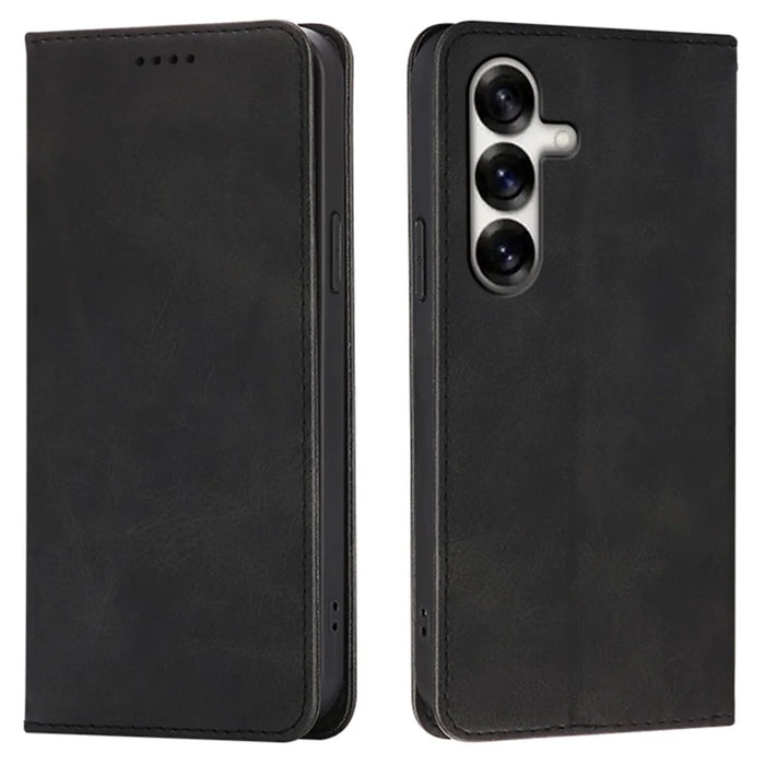 For Samsung Galaxy S24+ Case Wallet Calf Texture Leather Phone Cover with Hidden Magnetic Closure - Black - 1