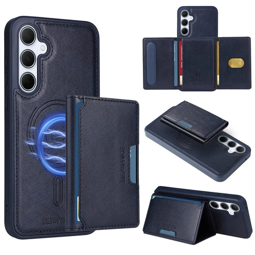 BETOPNICE For Samsung Galaxy A35 5G Magnetic Case  Leather Phone Cover Kickstand with Detachable Card Bag - Blue - 1