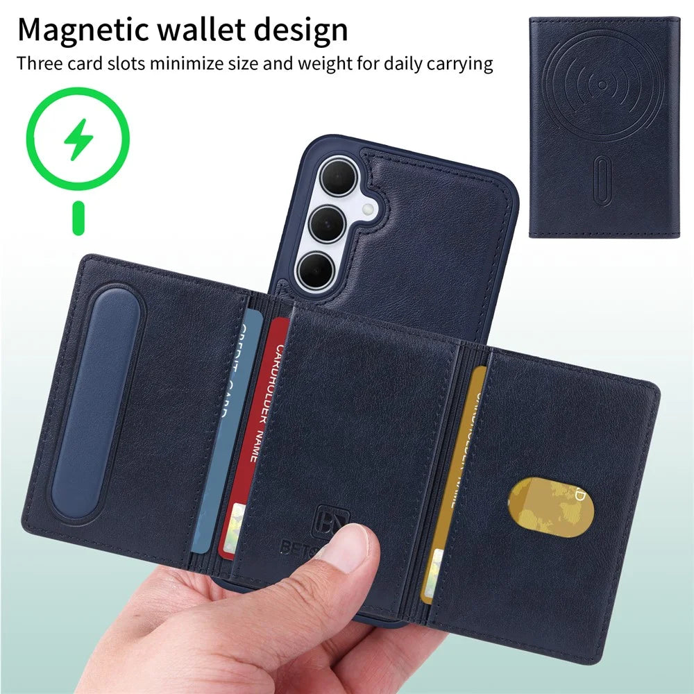BETOPNICE For Samsung Galaxy A35 5G Magnetic Case  Leather Phone Cover Kickstand with Detachable Card Bag - Blue - 3