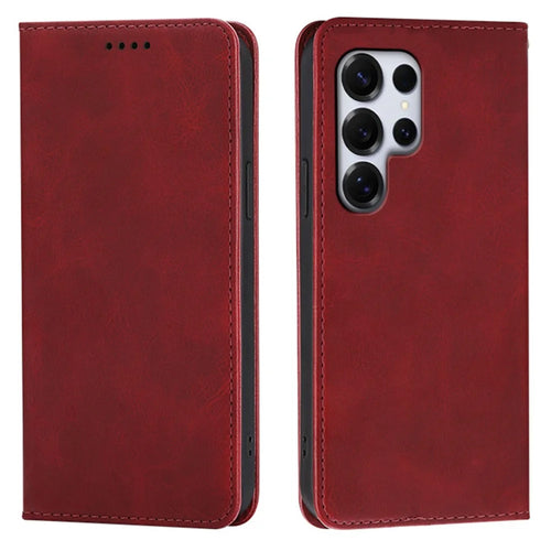 For Samsung Galaxy S25 Ultra Case Wallet Calf Texture Leather Phone Cover with Hidden Magnetic Closure - Red - 1