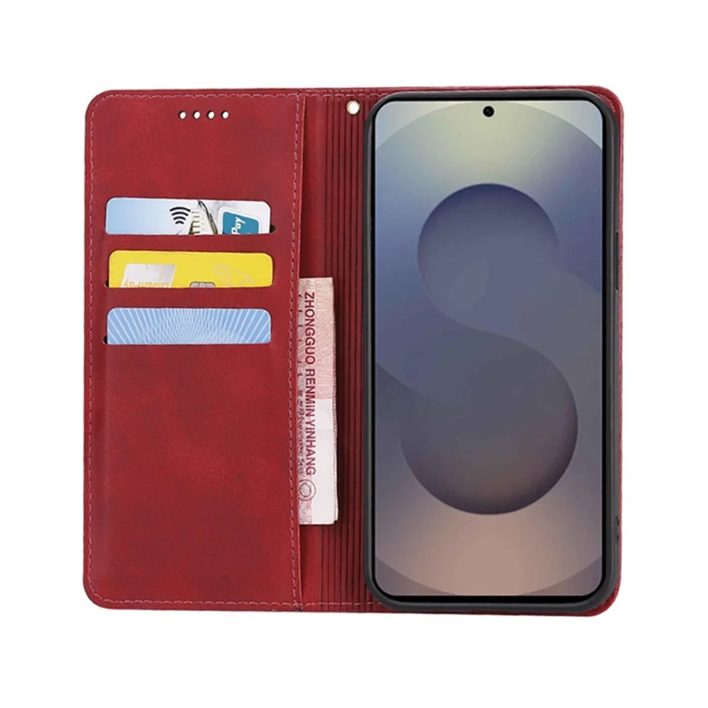 For Samsung Galaxy S25 Ultra Case Wallet Calf Texture Leather Phone Cover with Hidden Magnetic Closure - Red - 2