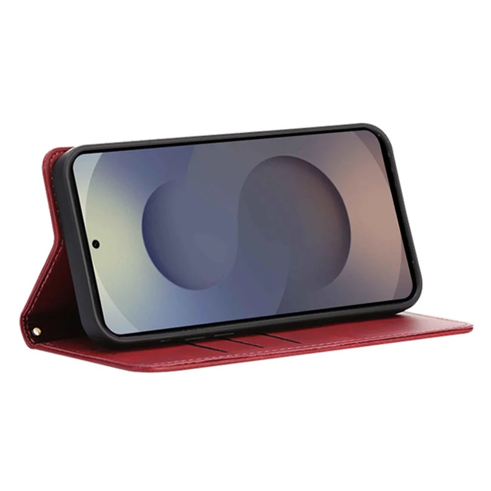 For Samsung Galaxy S25 Ultra Case Wallet Calf Texture Leather Phone Cover with Hidden Magnetic Closure - Red - 3