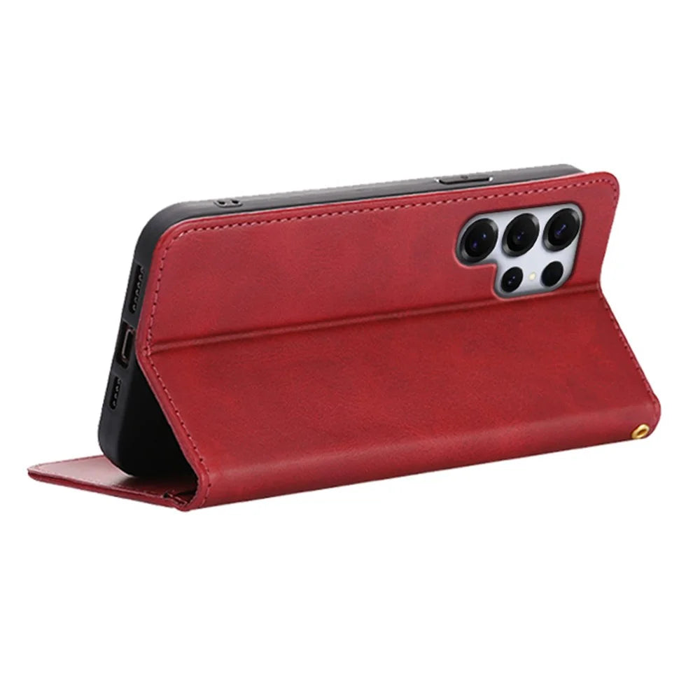 For Samsung Galaxy S25 Ultra Case Wallet Calf Texture Leather Phone Cover with Hidden Magnetic Closure - Red - 4