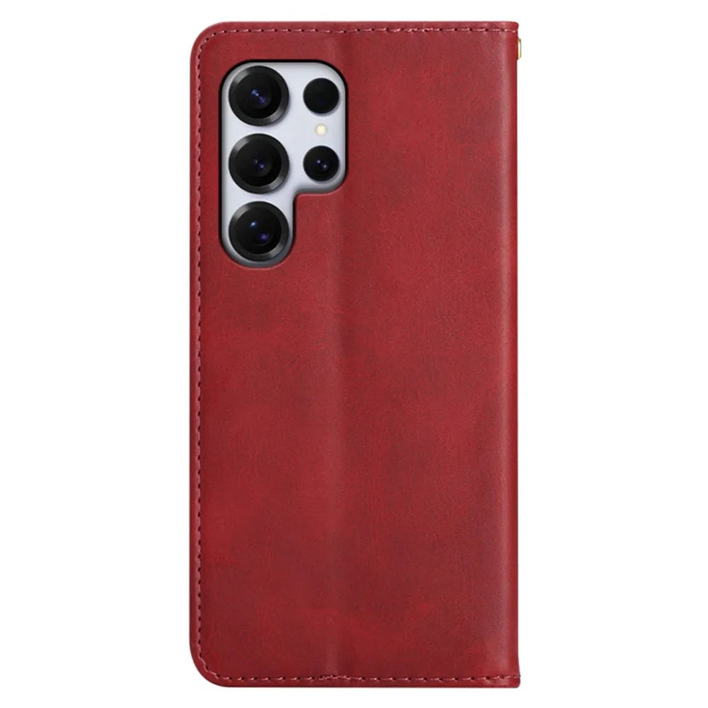 For Samsung Galaxy S25 Ultra Case Wallet Calf Texture Leather Phone Cover with Hidden Magnetic Closure - Red - 6