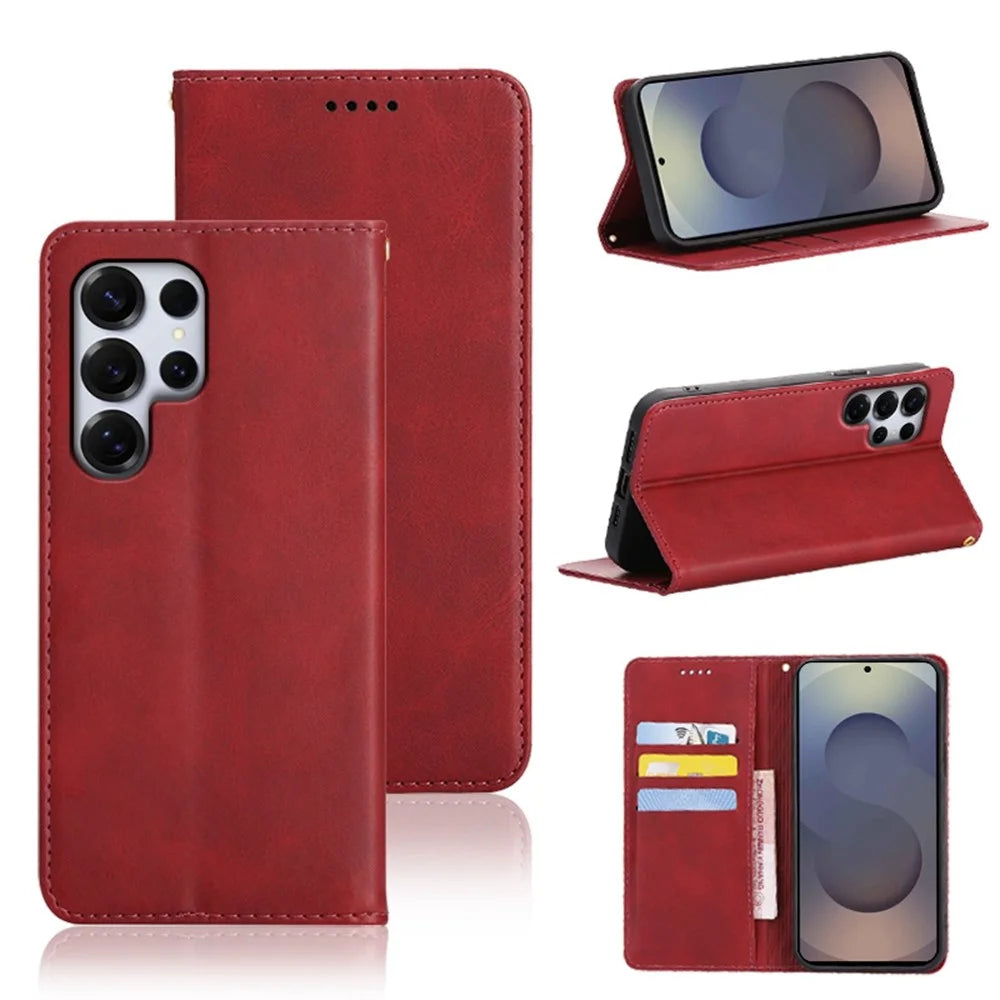 For Samsung Galaxy S25 Ultra Case Wallet Calf Texture Leather Phone Cover with Hidden Magnetic Closure - Red - 7