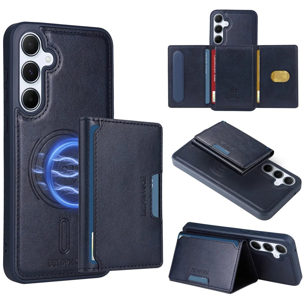 BETOPNICE For Samsung Galaxy A55 5G Magnetic Case  Leather Phone Cover Kickstand with Detachable Card Bag - Blue - 1