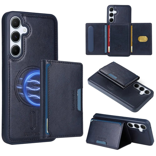 BETOPNICE For Samsung Galaxy A55 5G Magnetic Case  Leather Phone Cover Kickstand with Detachable Card Bag - Blue - 1