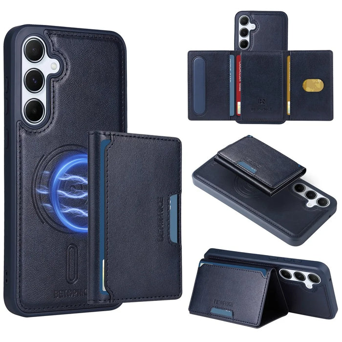 BETOPNICE For Samsung Galaxy A55 5G Magnetic Case  Leather Phone Cover Kickstand with Detachable Card Bag - Blue - 1