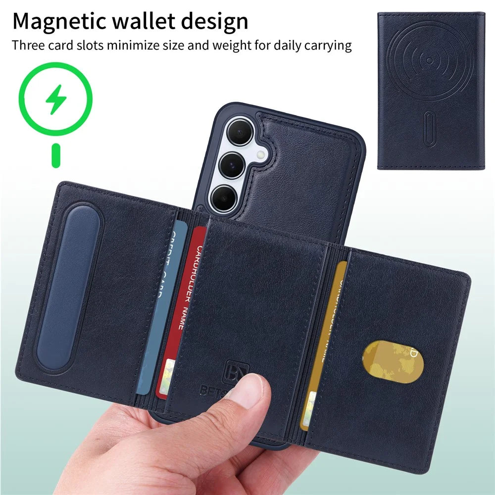BETOPNICE For Samsung Galaxy A55 5G Magnetic Case  Leather Phone Cover Kickstand with Detachable Card Bag - Blue - 3